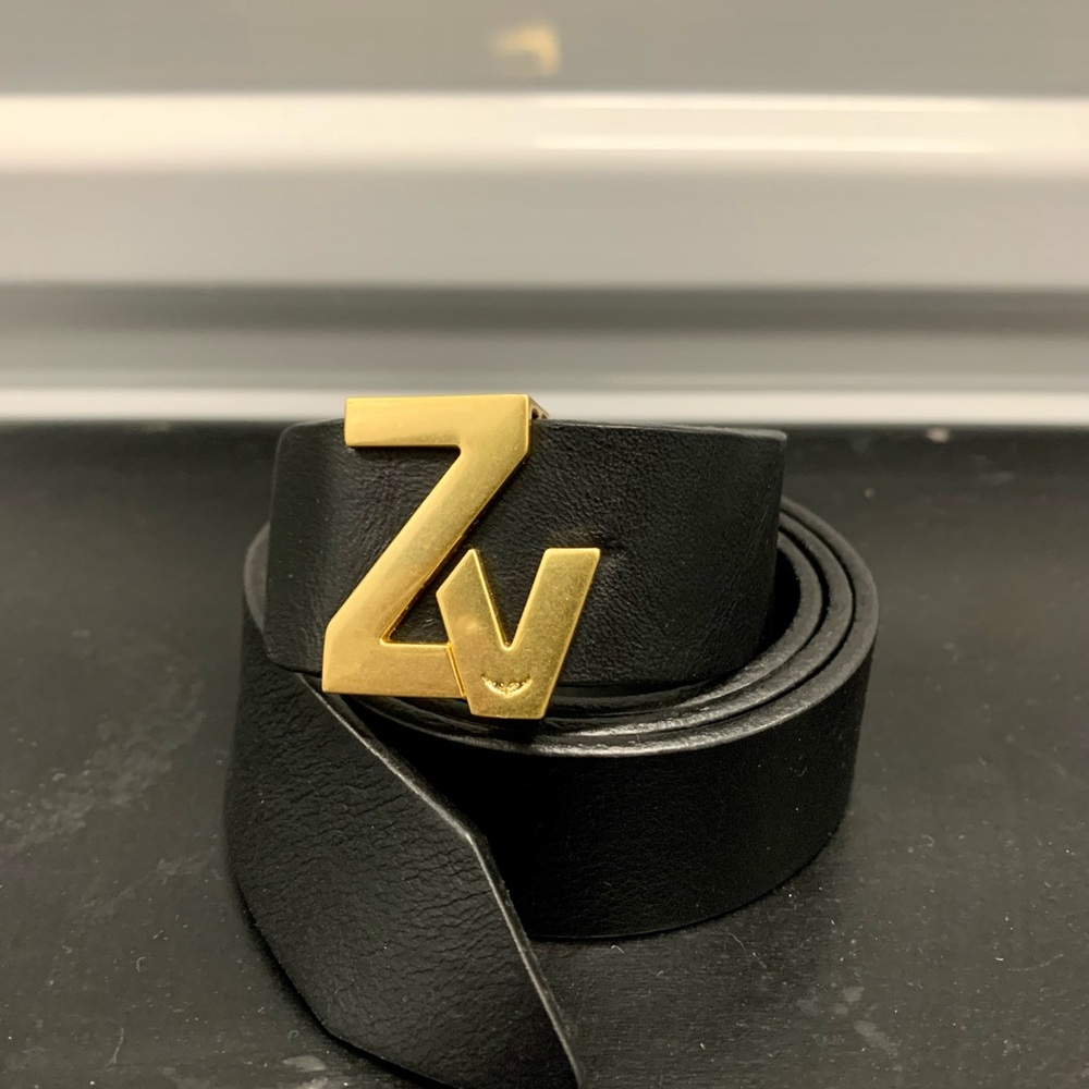 Zadig & Voltaire Black Leather Belt with Gold ZV Buckle